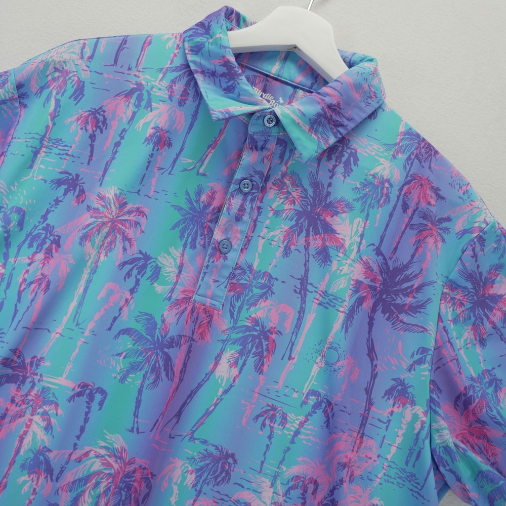 Birdie Bound Golf Polo Shirt Mens Large Tropical Palm Tree Vaporwave Purple Teal